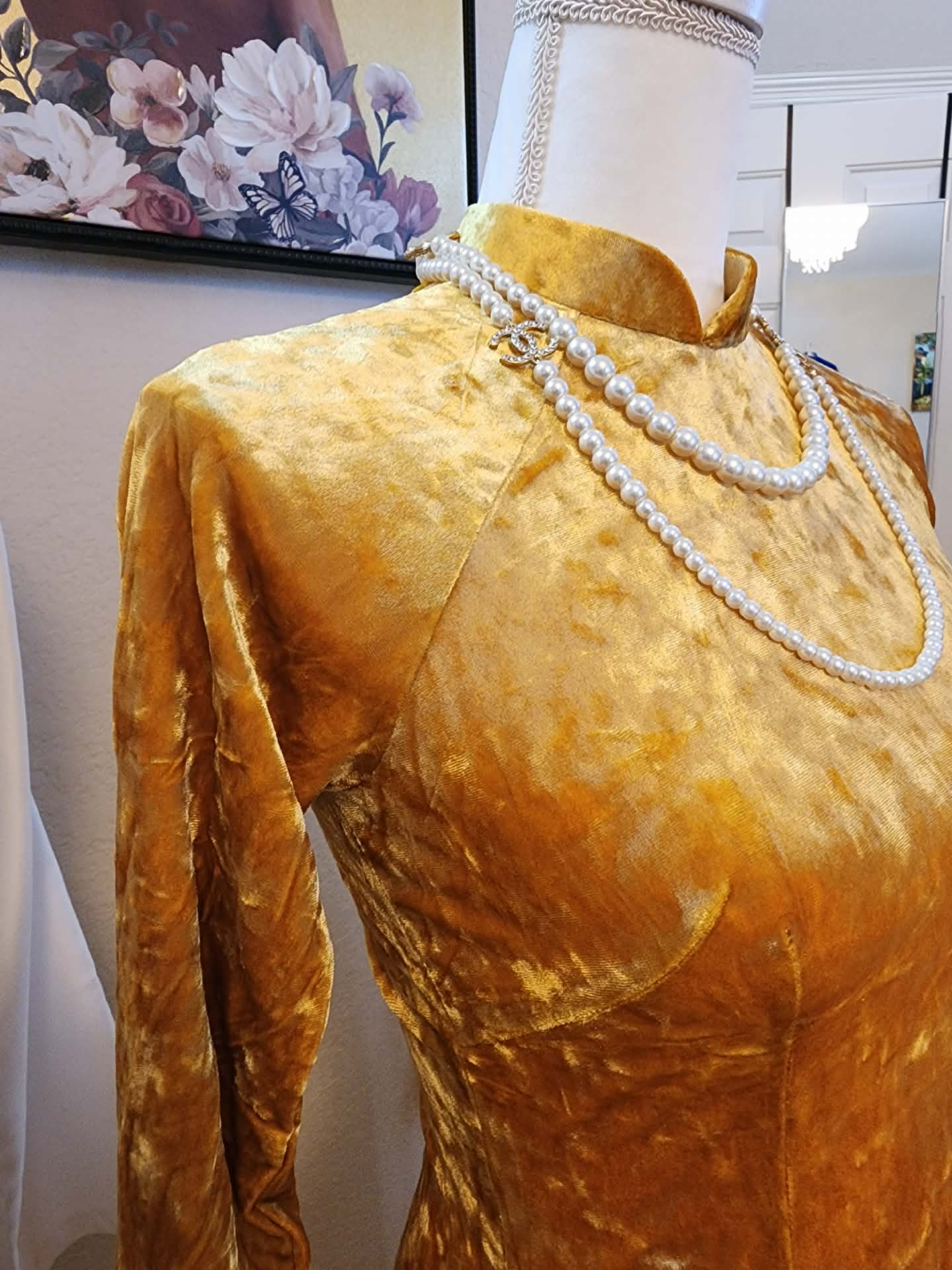 Ao Dai Nhung- Velet: Vietnamese Traditional Long Dress / Yellow Color/ No pants/ TT89