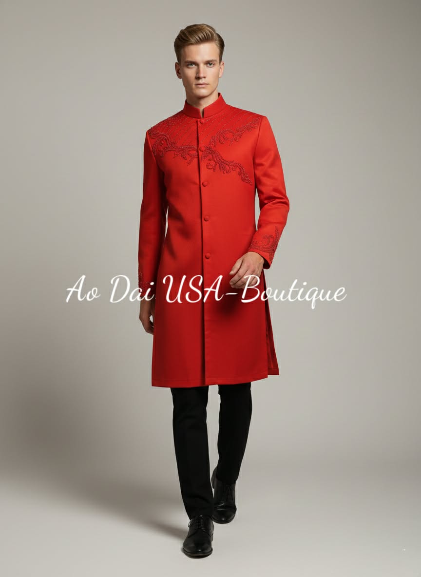 Red Ao Dai For Men Design/Vietnamese Groom Attire / Tet 2026/ B156
