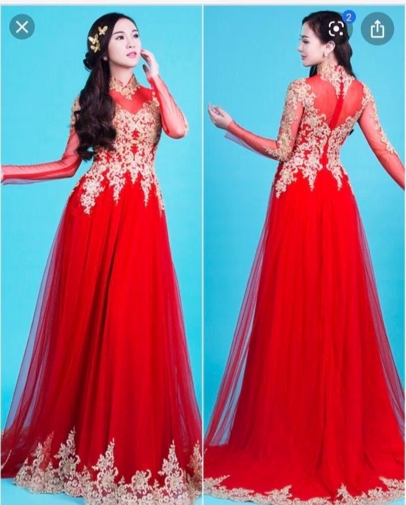 Set Ao Dai Wedding Dress with Gold Embroidery and LONG Train- Red Pants.