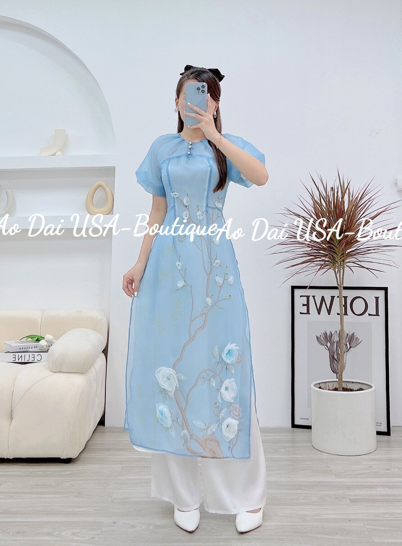Ao dai cach tan Blue 4D flowers Ao dai - CT289