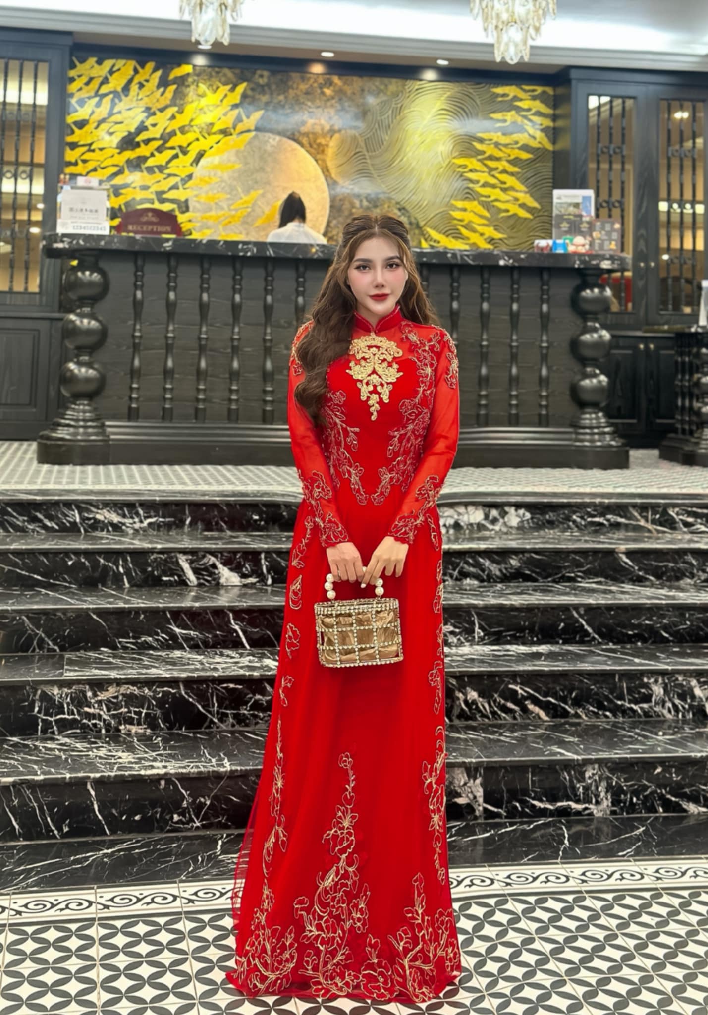 Set Ao Dai Chiffon Triple layers Design with Crystal G366