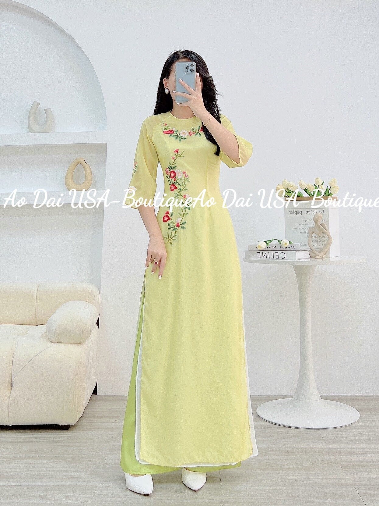 Set Ao Dai Cach Tan matching mom and girls- Pants included B106