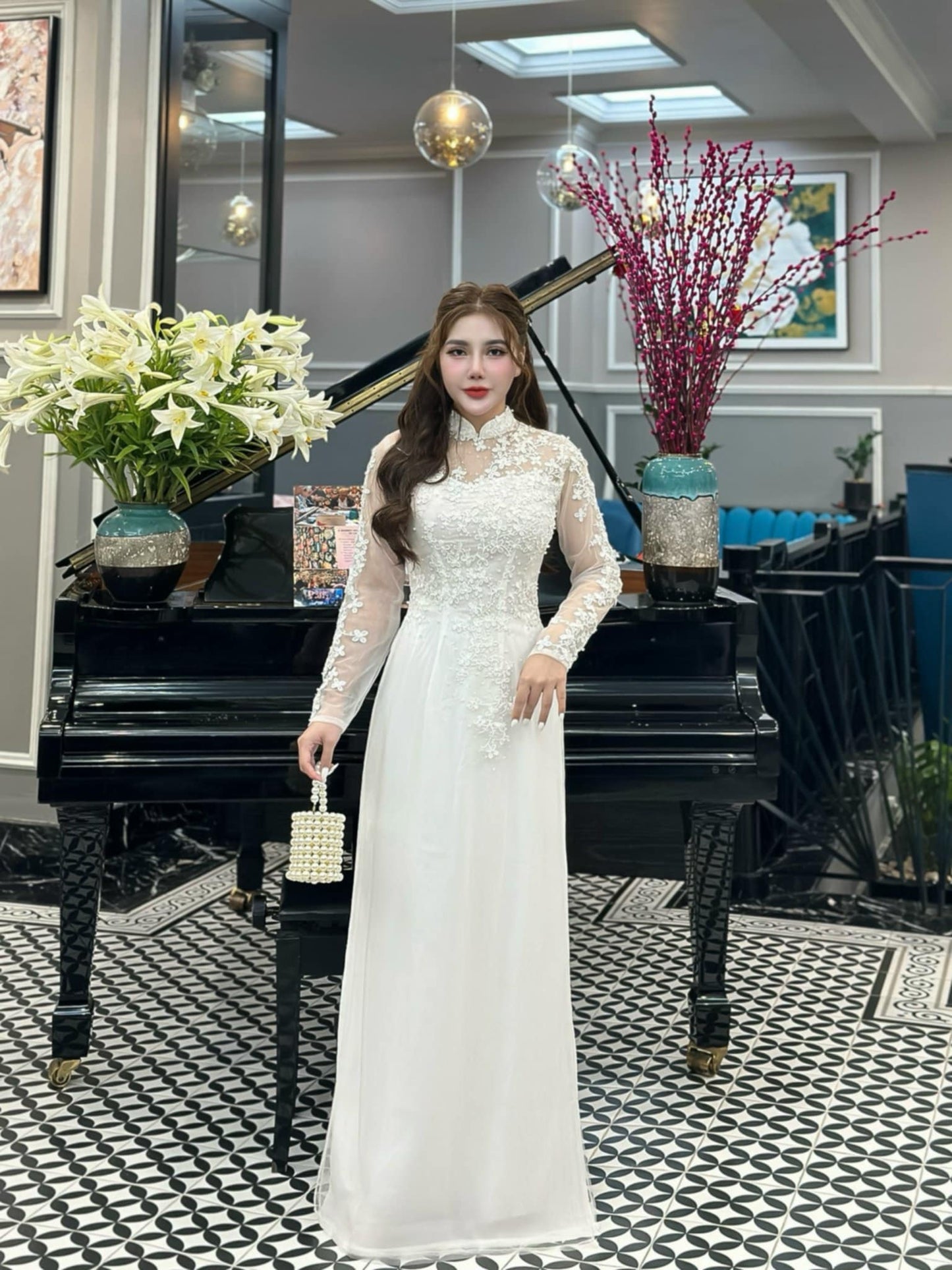 Set Ao Dai Chiffon Triple layers Design with Crystal B184