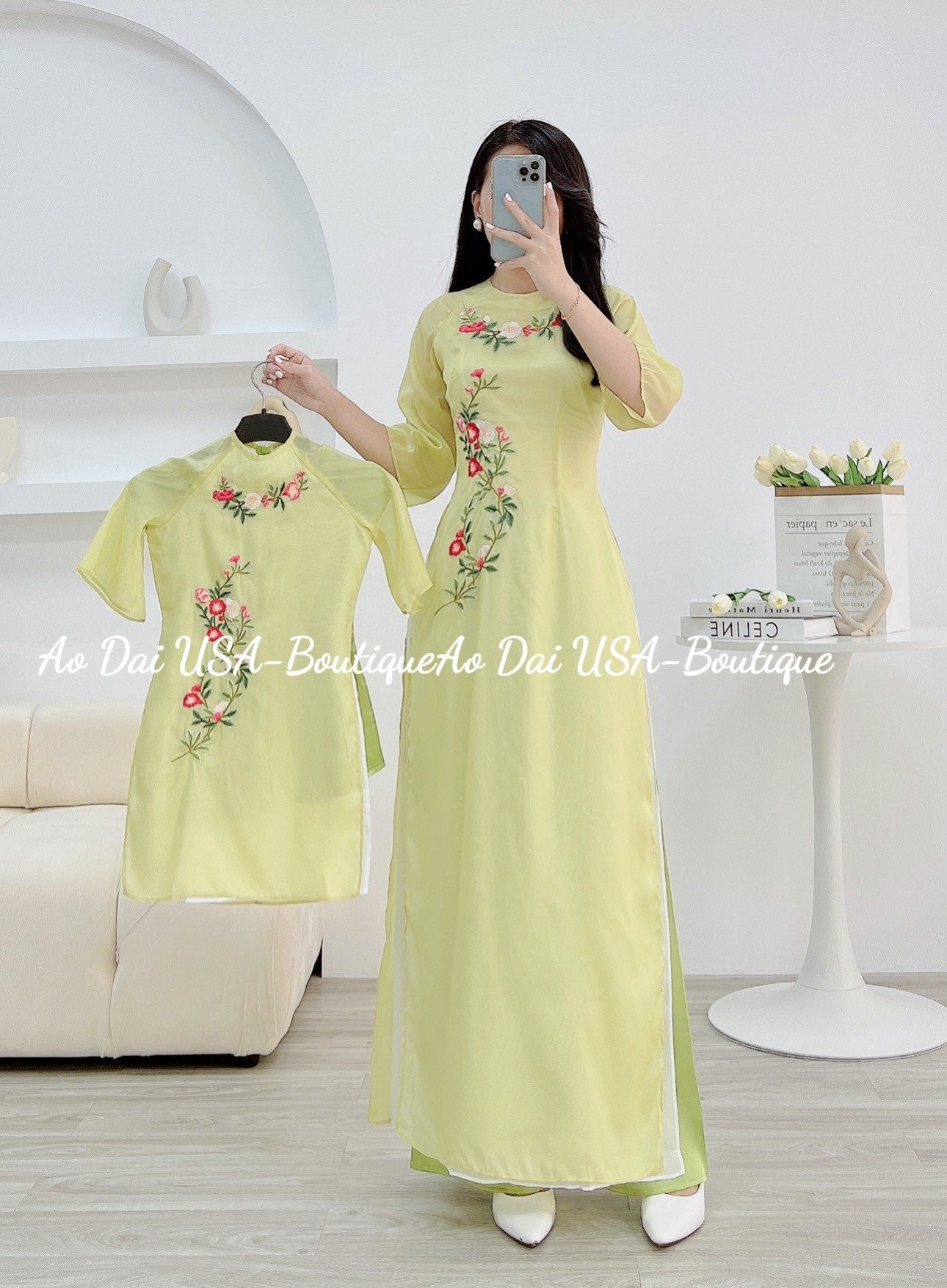 Set Ao Dai Cach Tan matching mom and girls- Pants included B106