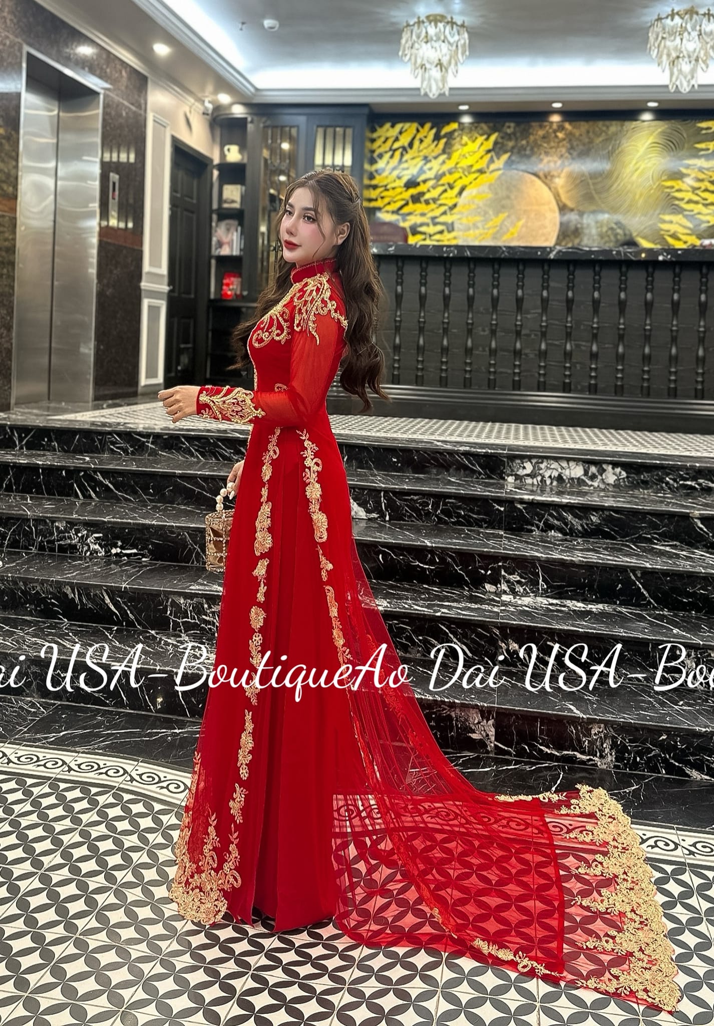 Set Ao Dai Wedding with Gold Embroidery and LONG Train- B414