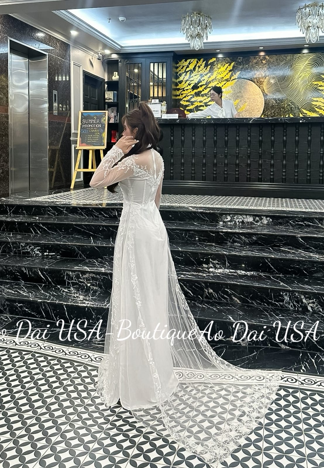 Set Ao Dai Wedding White and LONG Train- White Pants included G410