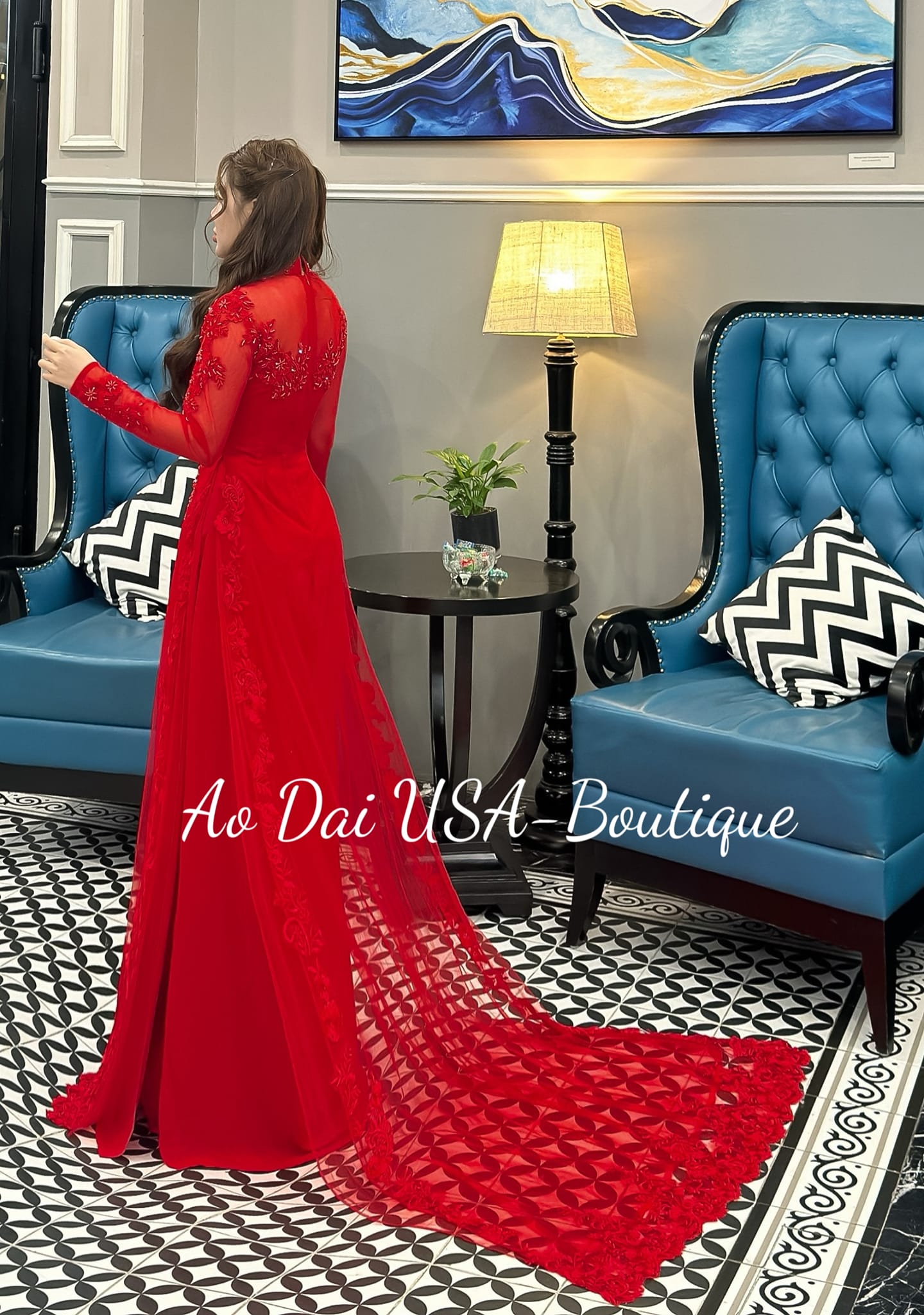 Set Ao Dai Wedding Red Color and LONG Train- Red Pants included
