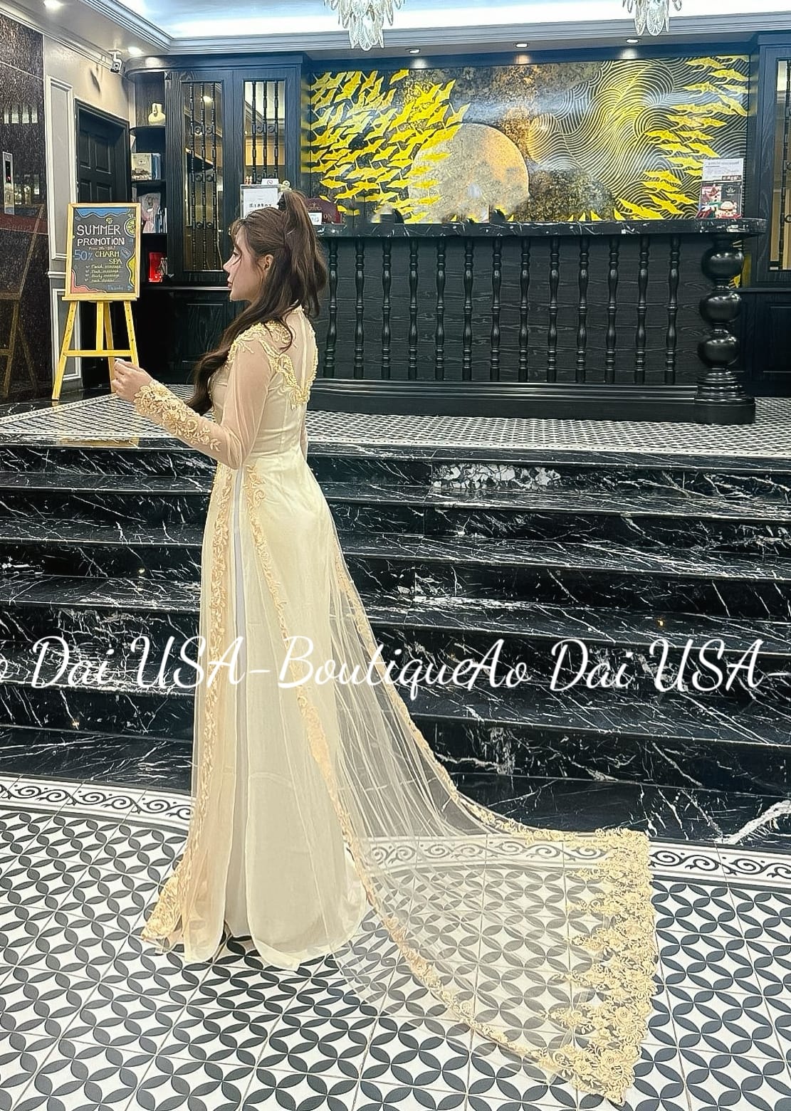 Set Ao Dai Wedding with Gold Embroidery and LONG Train- White Pants included G407