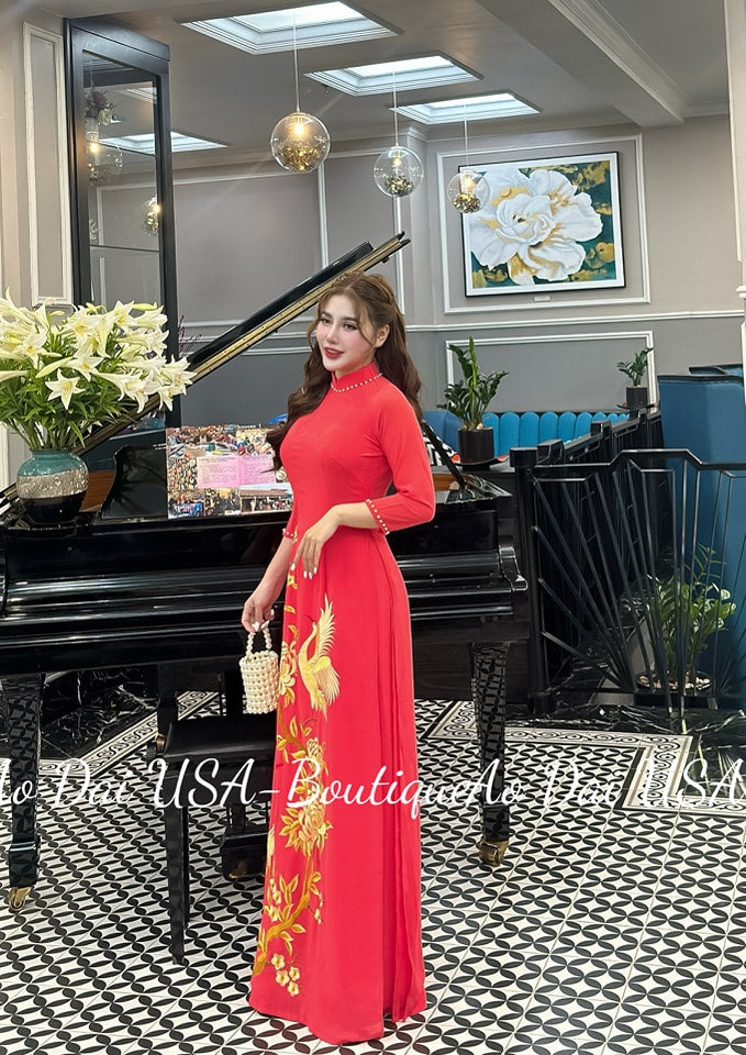 Set Ao dài Chiffon Embroidery Orange Color-No pants include- DS23