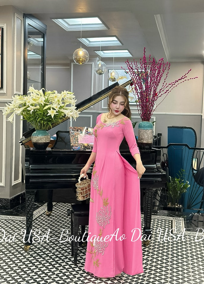 Set Ao Dài Design Pink Double Layers- pants included DS39