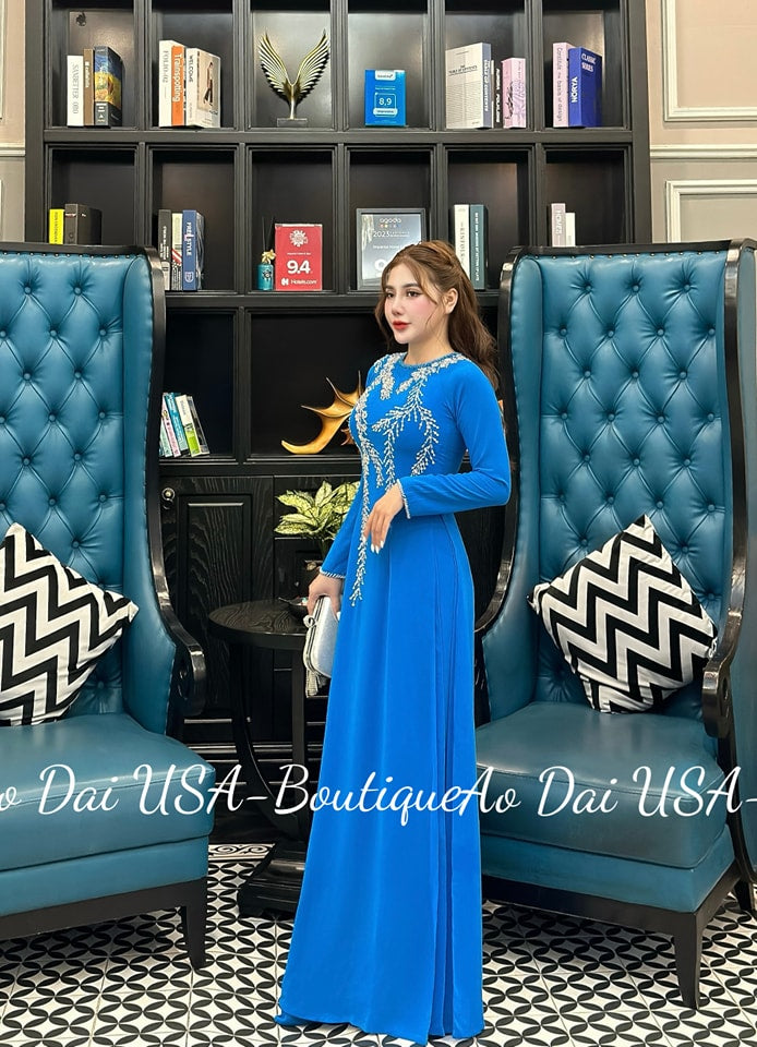 Set Ao Dài Design Blue Double Layers- Pants included TK48