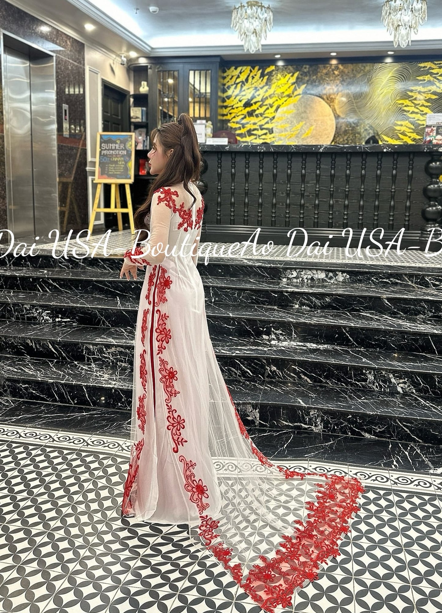 Set Ao Dai Wedding with Red Embroidery and LONG Train- White PANTS included G372