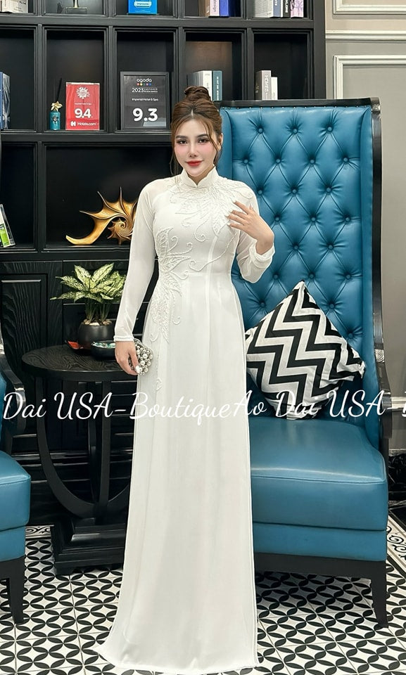 Only Áo-Chiffon silk Design with Crystal and pearls white color T203