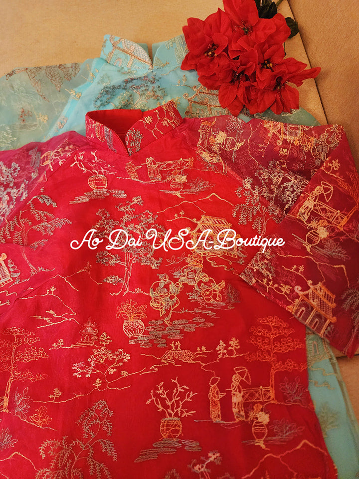Fushia Flower Embroidery Ao Dai Set (Pink Pants) TTP