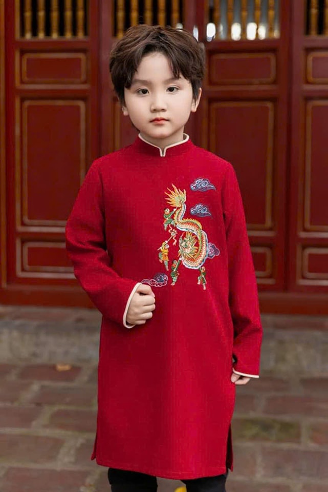 Cream Moon & Red Dragon Matching Ao Dai Set For Luna New Year B65
