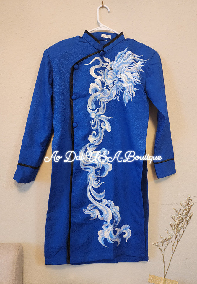 Ao Dai For Men Printed Dragon Blue Ao Dai B154