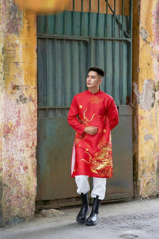 Men Red Dragon Clouds 3D Gam Ao Dai Top T198