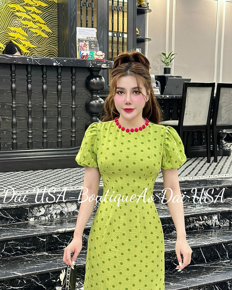 Set Ao Dai Avocado color-Pre-made Traditional Vietnamese Ao Dai-Pink pants included