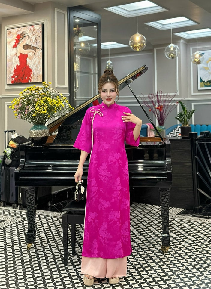 Fushia Set Ao Dai Lua Tơ tằm Thái Tuấn From Suông- Pants Include Ct286