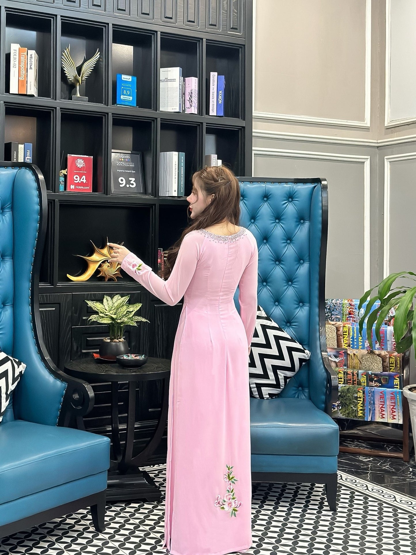 Set Ao Dai Pink Chiffon Double Layers Design with Crystal-Pink Pants include-DS38