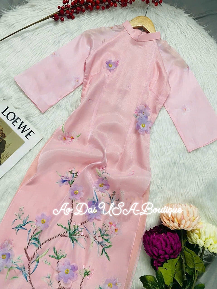 Set Ao Dai Cach Tan Pink G286