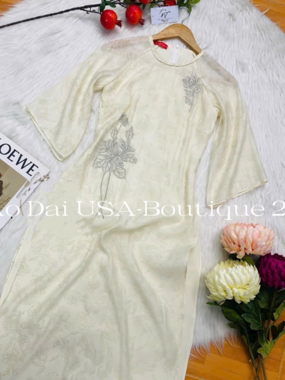 Set Ao Dai Lua To Ong Cream Color CT295