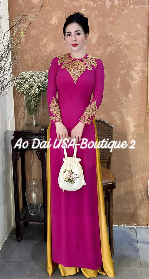 Set Ao Dài Chiffon Cerise Pink color- Yellow Pants Include DS42