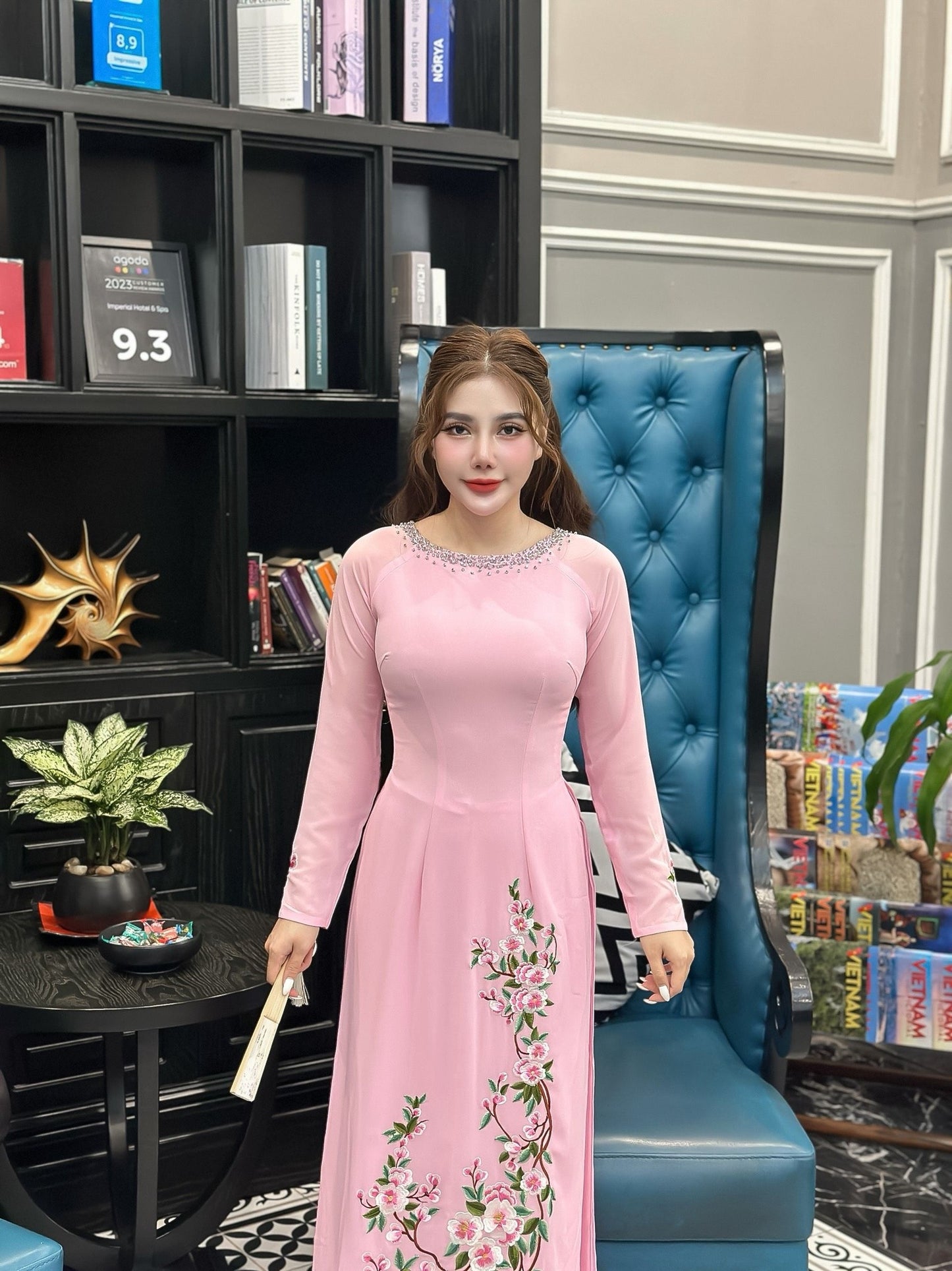 Set Ao Dai Pink Chiffon Double Layers Design with Crystal-Pink Pants include-DS19