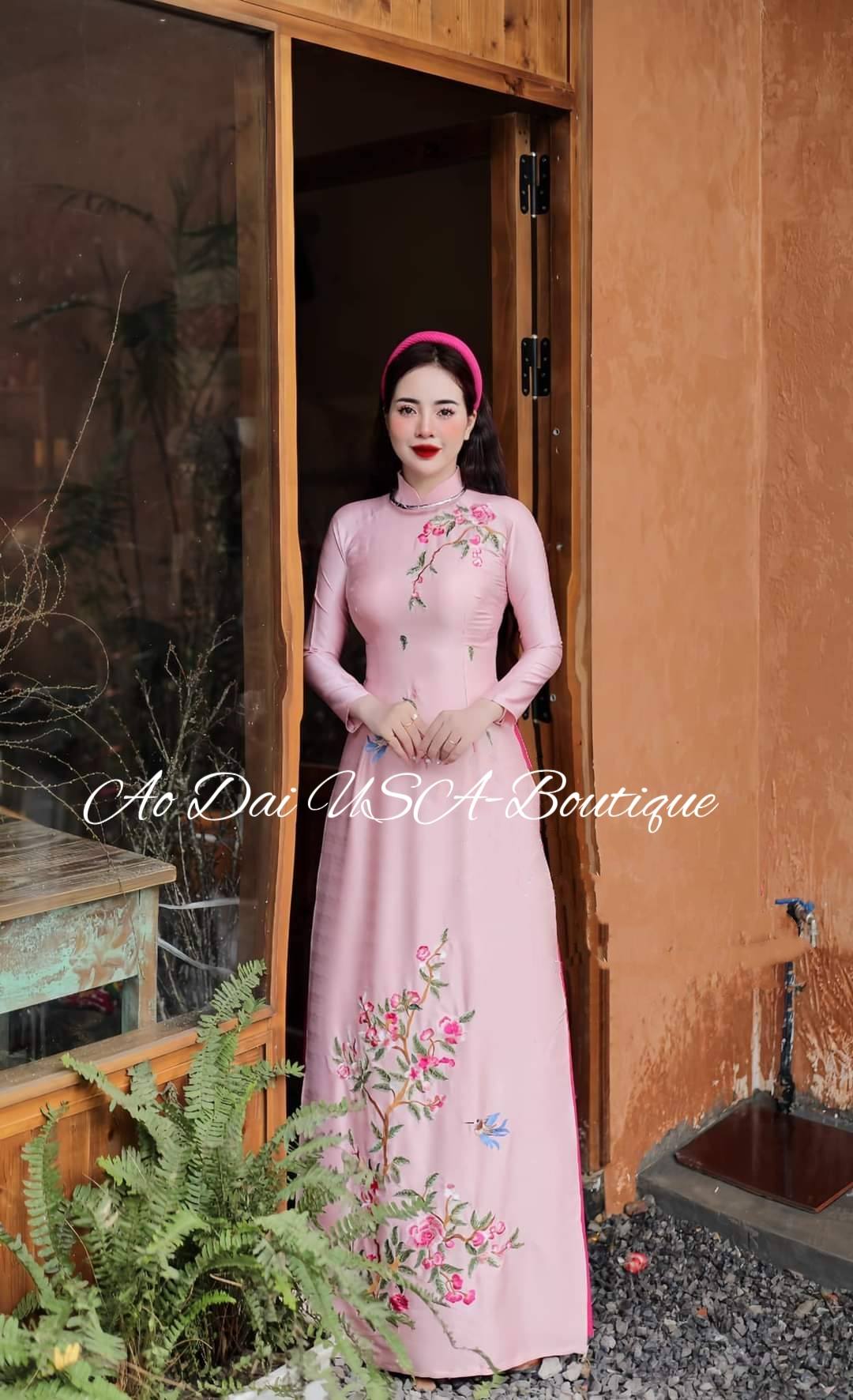 Set Ao Dai Lua Van Go Light Pink B229