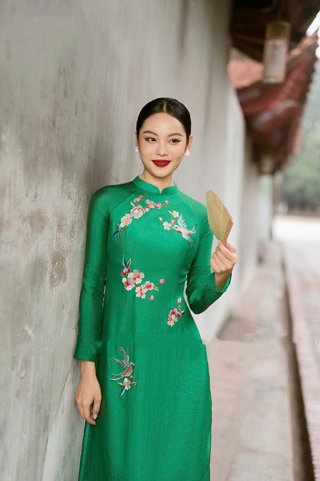 Set Ao Dai Cach Tan Flower Green Color - CT238