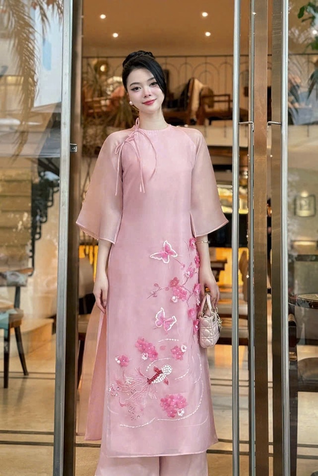 Set Ao Dai Cach Tan Pink Color - CT303