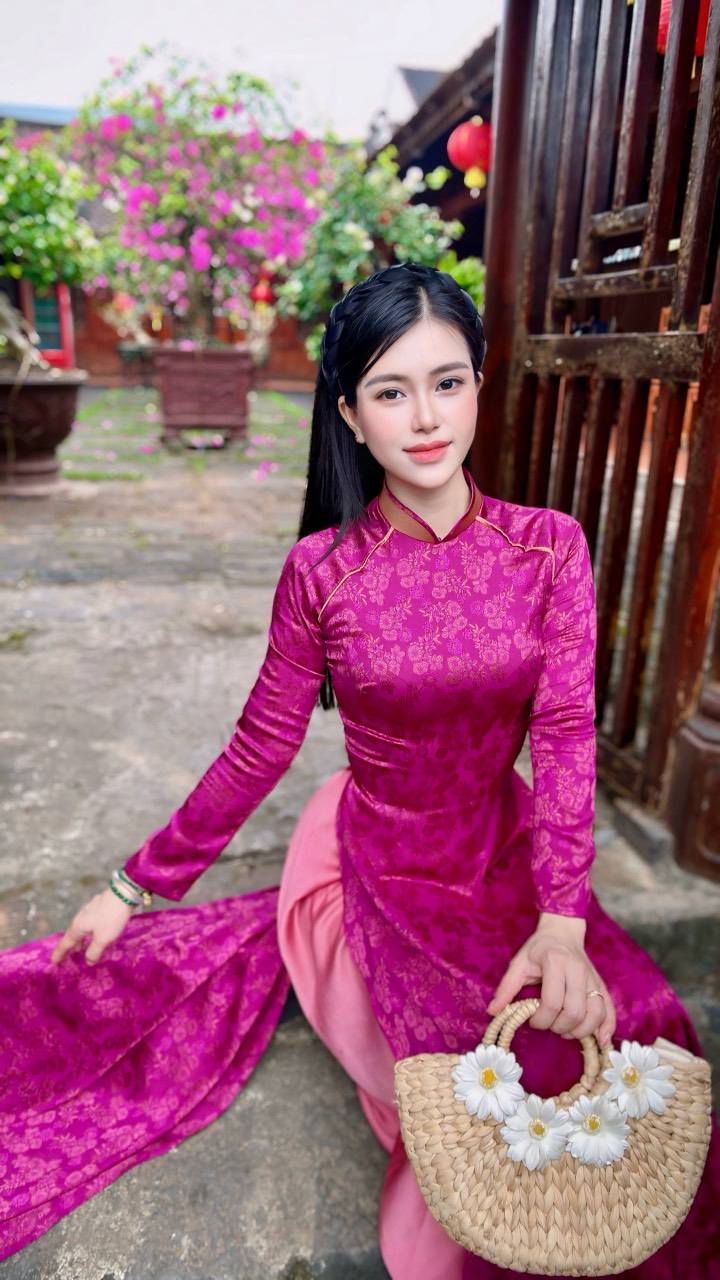 Ao Dai Tơ Tam Thai Tuan Luxury Purple Pink and Orange TK296