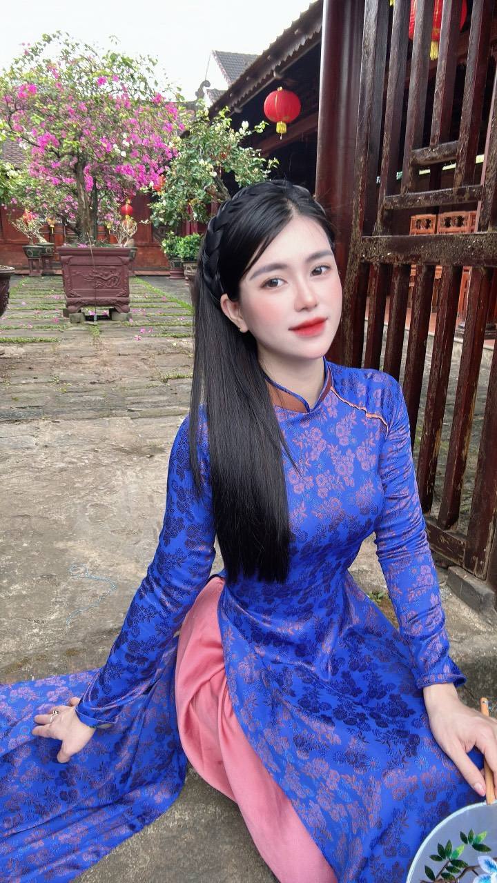Ao Dai Gam Tơ Tam Thai Tuan Luxury Blue And Pink Color CT266
