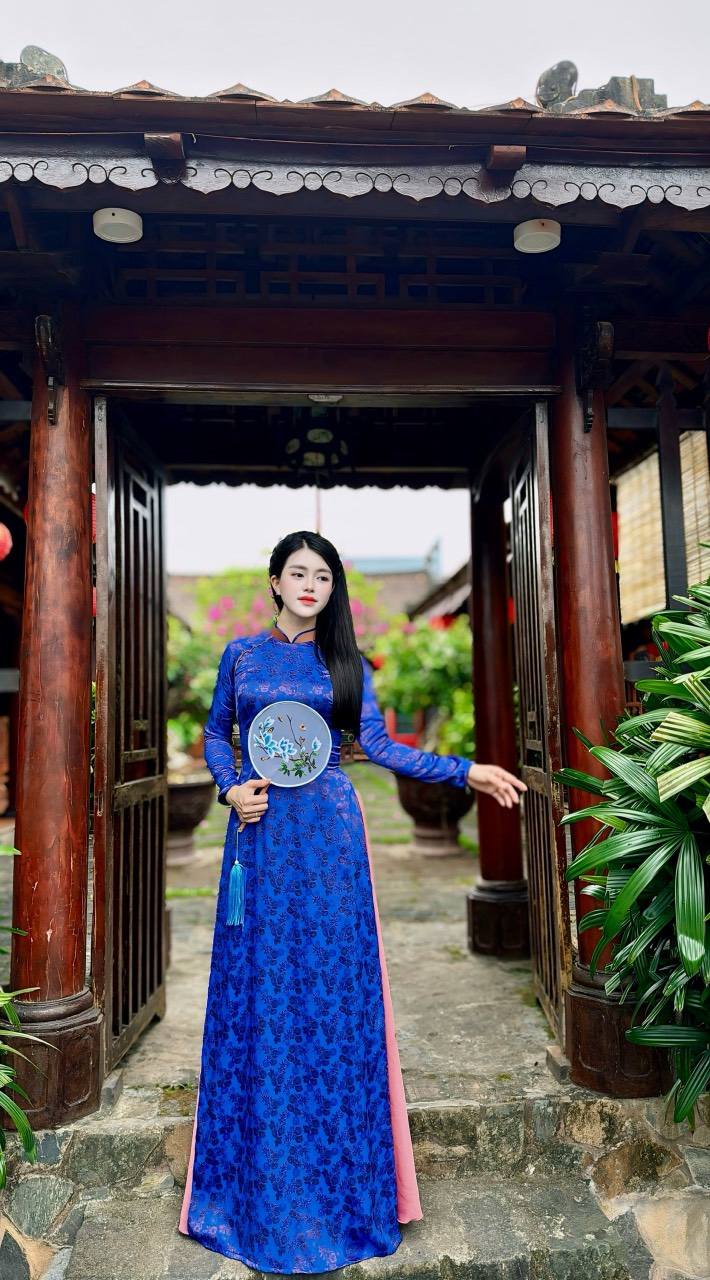 Ao Dai Gam Tơ Tam Thai Tuan Luxury Blue And Pink Color CT300