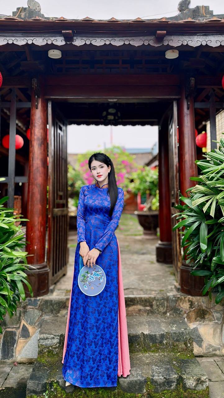 Ao Dai Gam Tơ Tam Thai Tuan Luxury Blue And Pink Color CT300