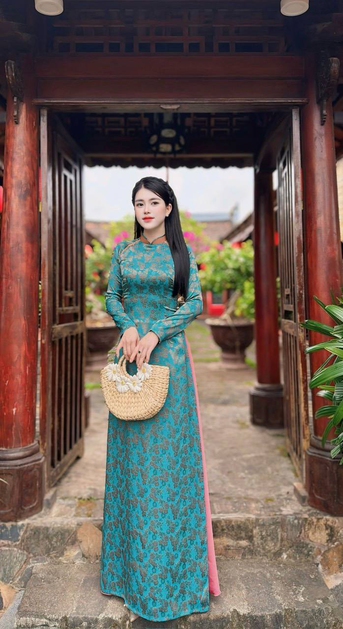 Ao Dai Tơ Tam Thai Tuan Luxury Blue and Dark Orange /CT296