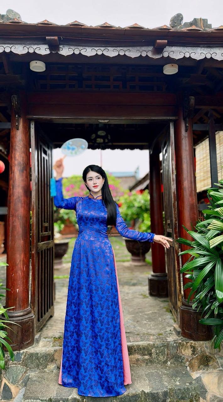 Ao Dai Gam Tơ Tam Thai Tuan Luxury Blue And Pink Color CT300