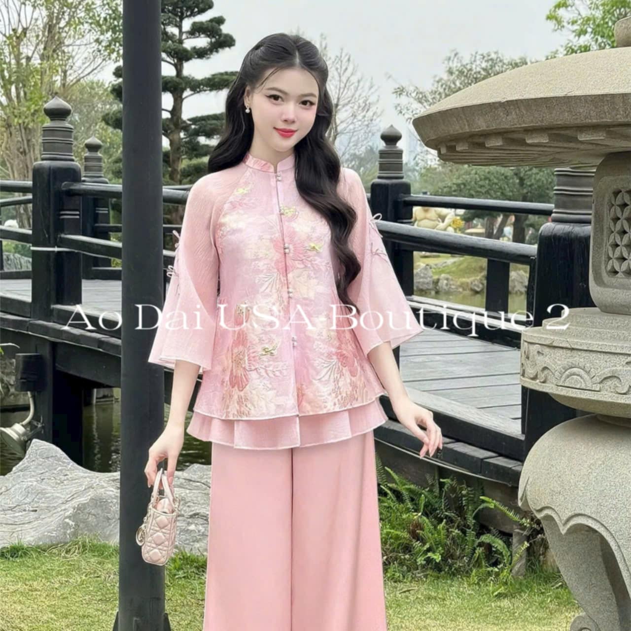 Set Ao Ba Ba Pink/Pre-made Traditional Vietnamese Phap Phuc with Pants/ G349