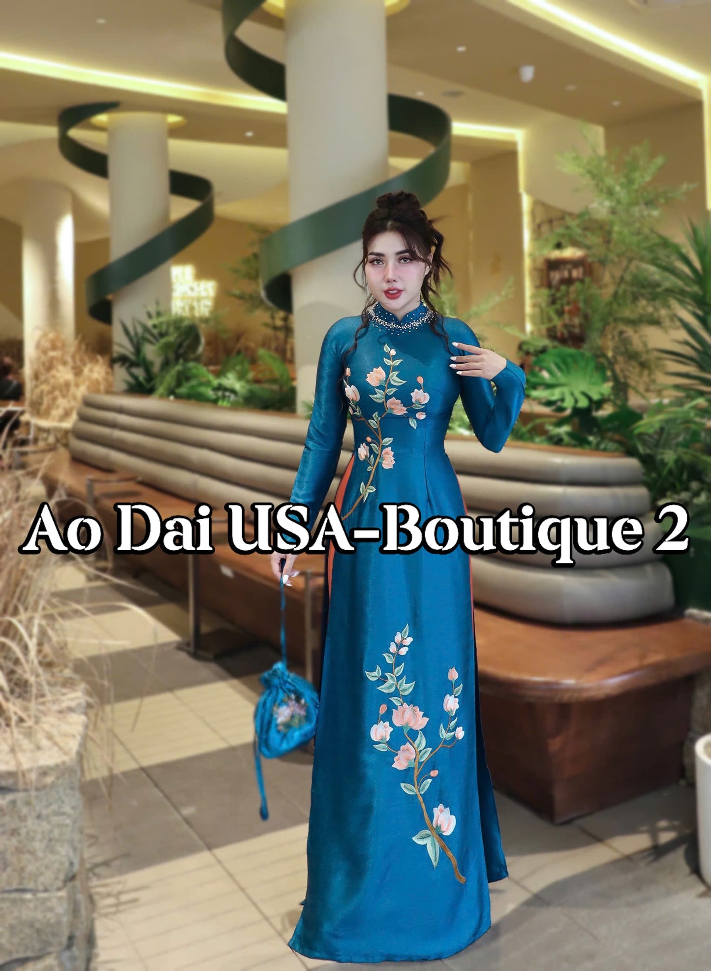 Thien Thanh Ao Dai Lua Van Go Blue color/pants included/50