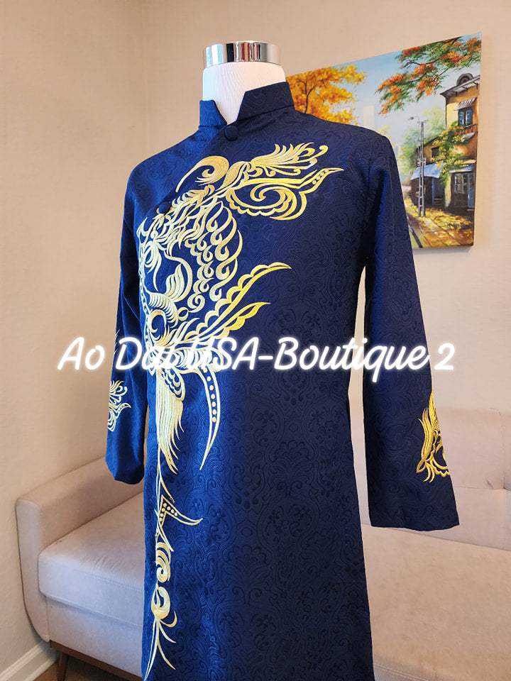 Ao dai for Men Navy Blue Color With Gold Design Embroiled/TT224