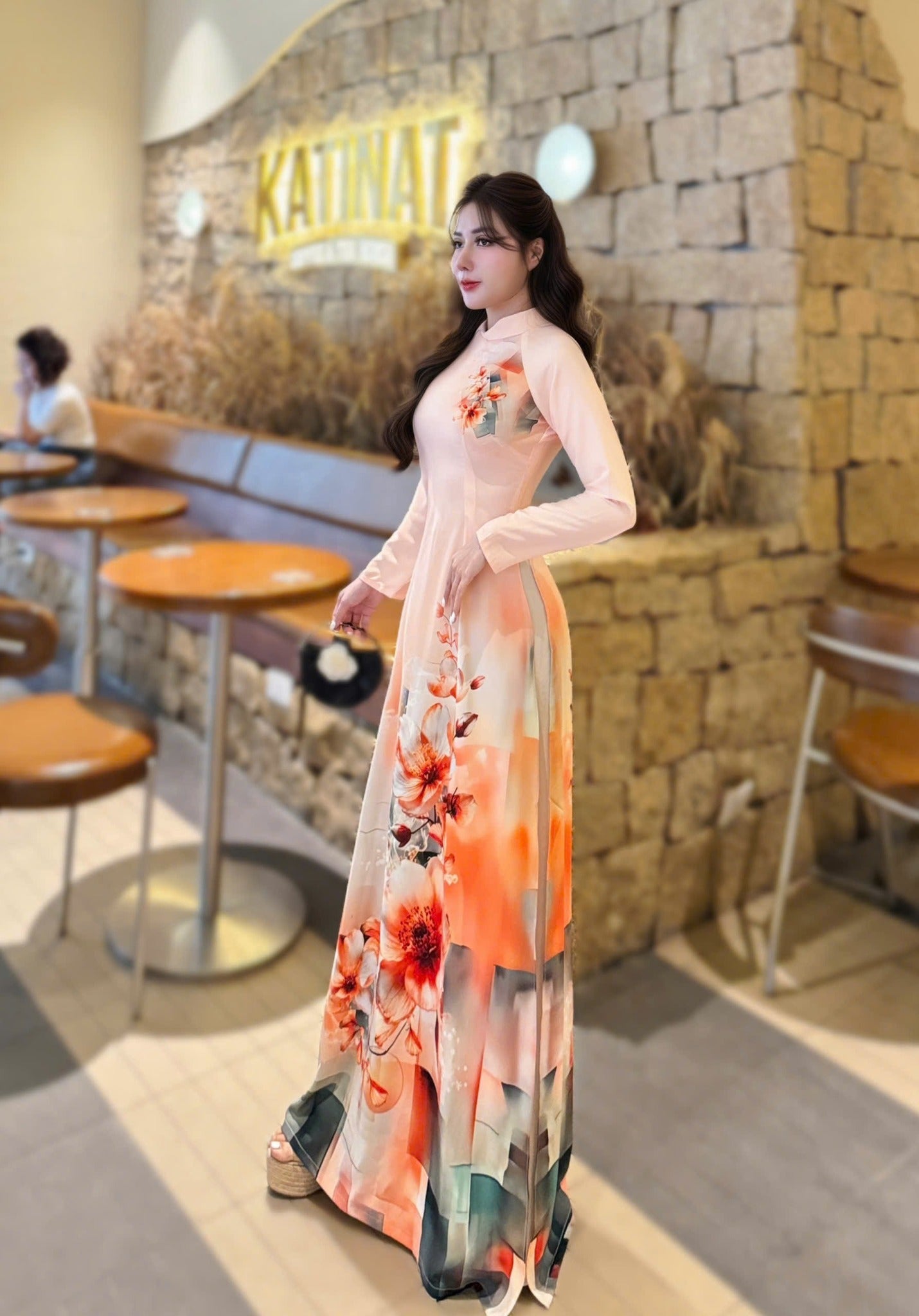 SUONG MAI Set Ao Dai Lua Thai Tuan Light Orange/pants included/G334