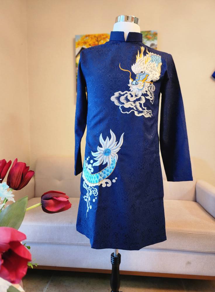 Ao dai for Men Navy Color With Dargon Design Embroiled/ W164