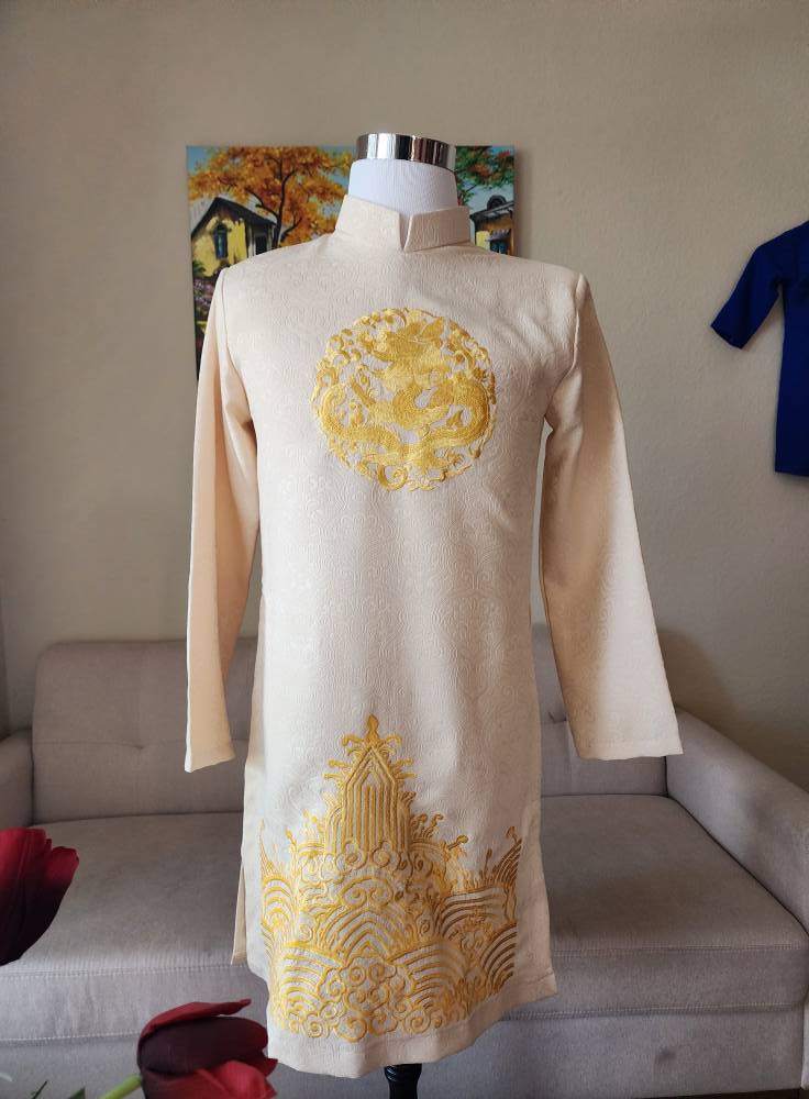 Áo Dài Nam Cream Color Design with Dargon Embroied/B156
