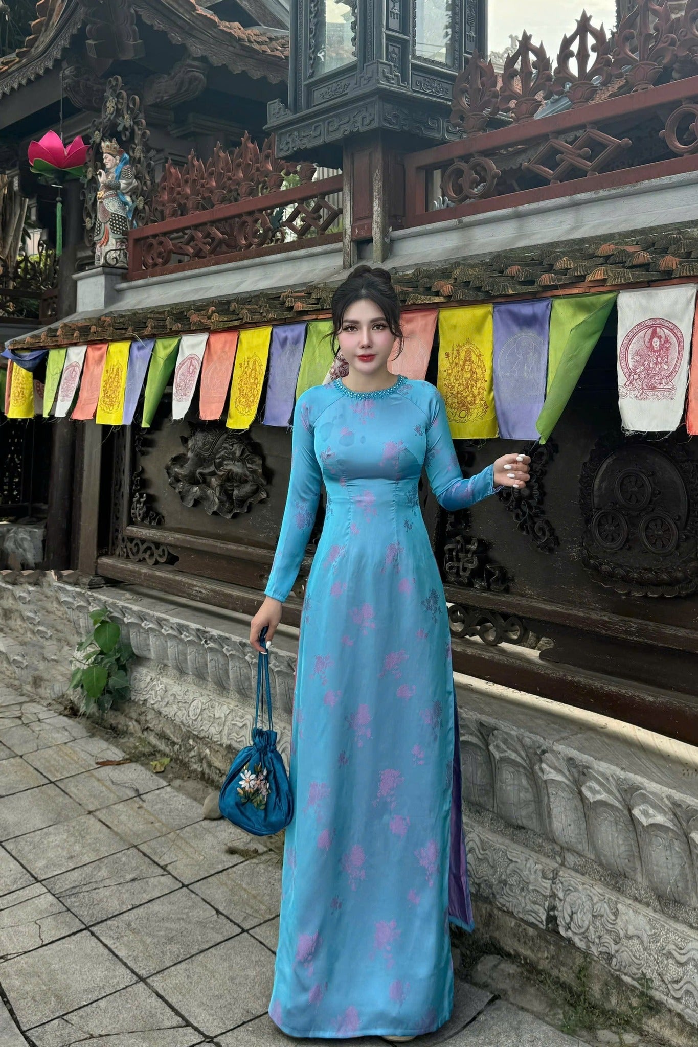 THIEN CUC Ao Dai Lụa To Tam Blue Color/Pants include/TT59