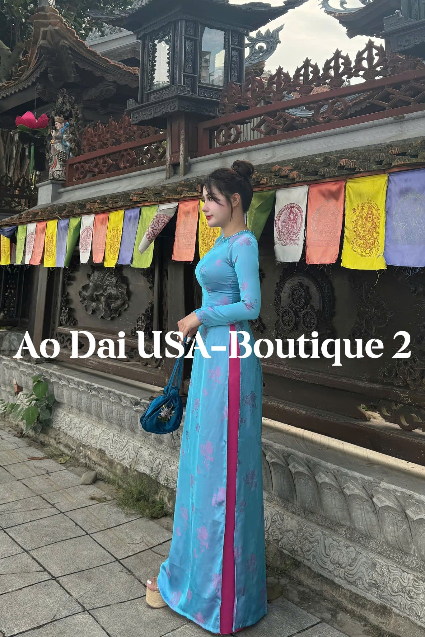 THIEN CUC Ao Dai Lụa To Tam Blue Color/Pants include/TT59