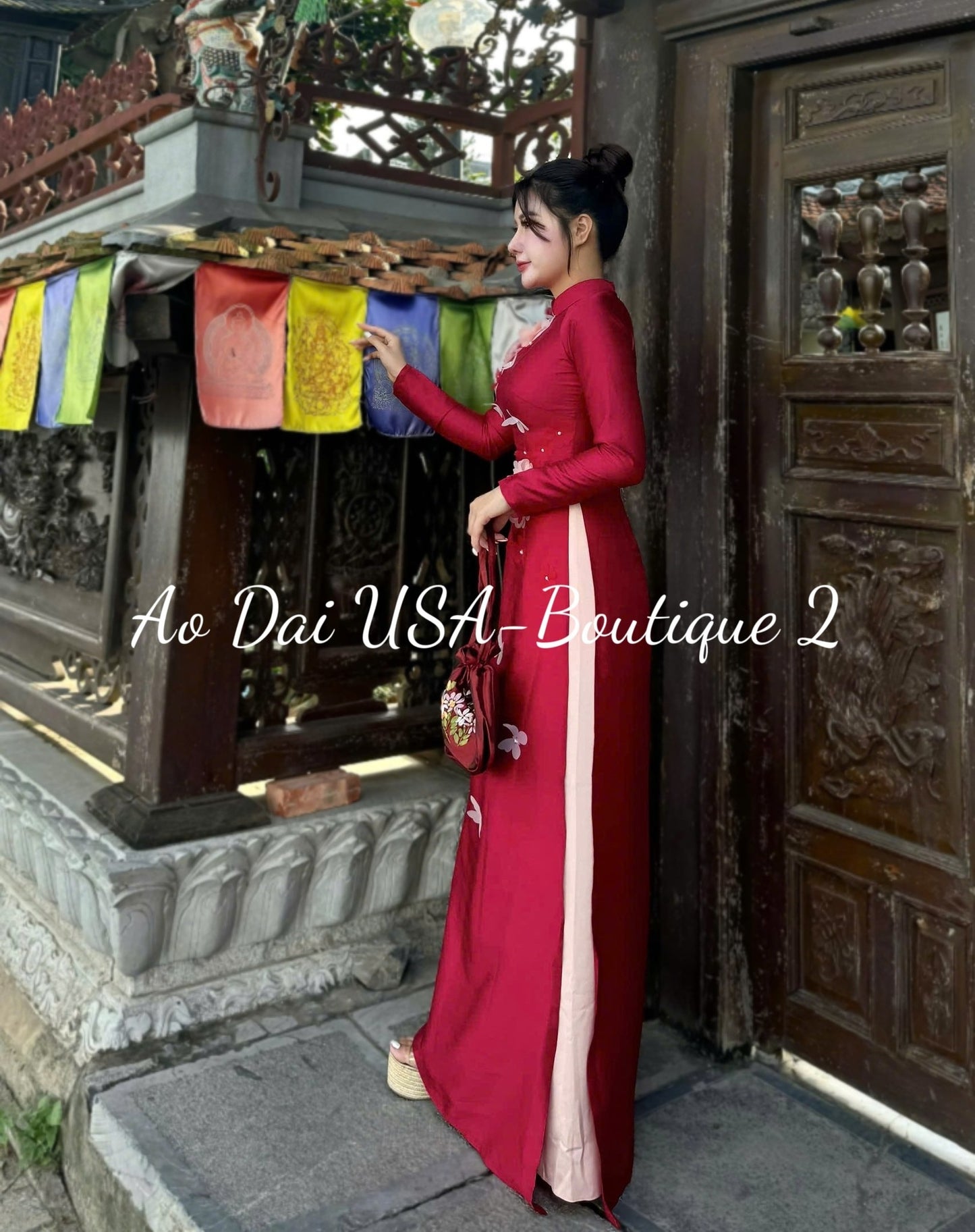 Ao Dai Lua Van Go Red Color/Ao Dai with Pants/CT302