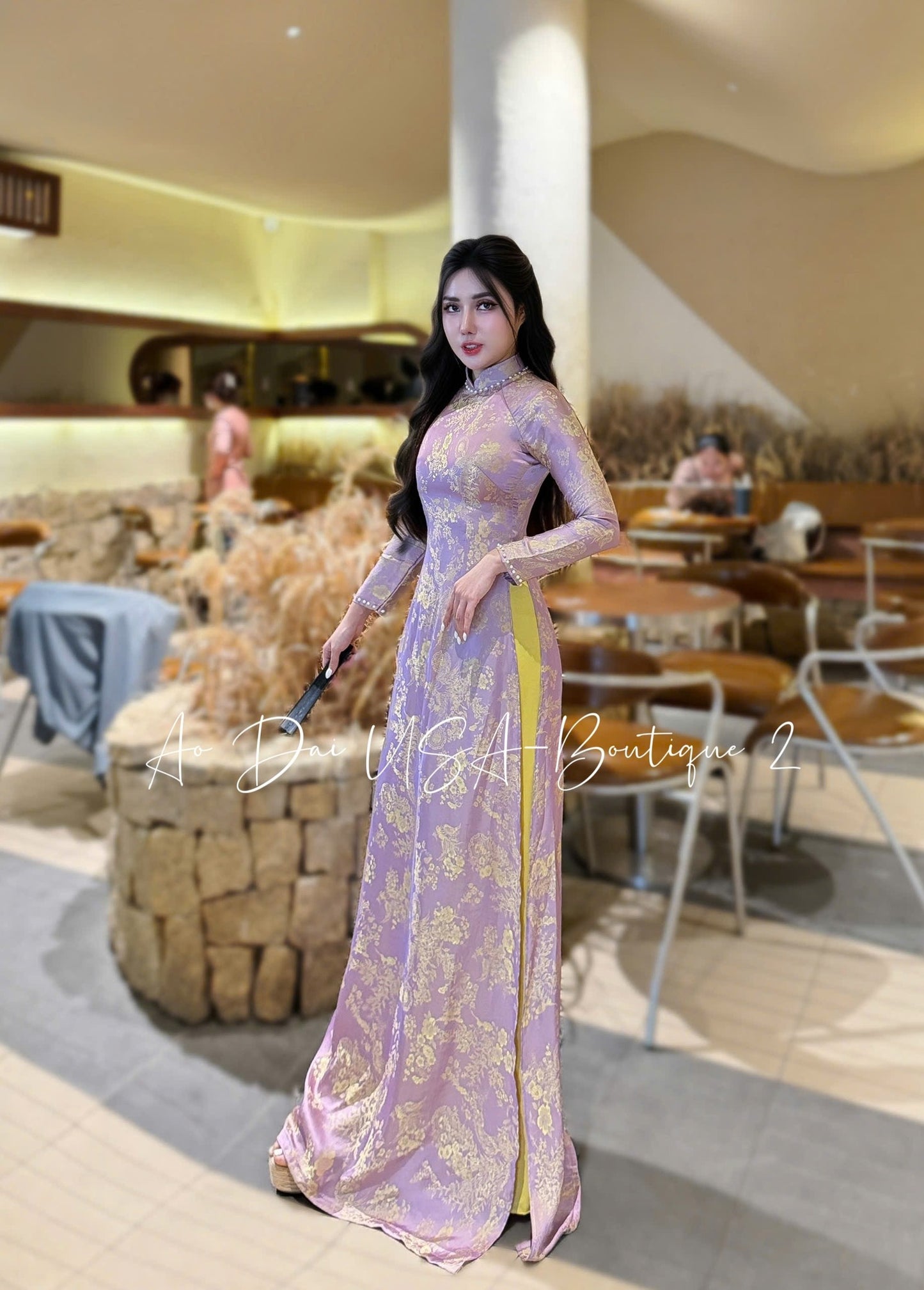 THANH NHA Ao Dai Gam Tơ Tam Thai Tuan Luxury Pink and Yellow Color/Yellow Pants included/TT61