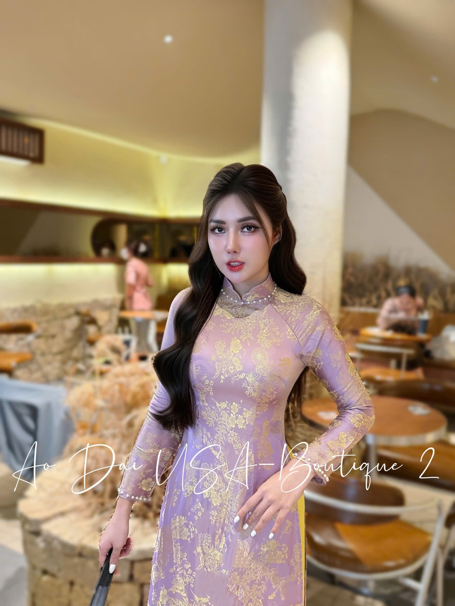 THANH NHA Ao Dai Gam Tơ Tam Thai Tuan Luxury Pink and Yellow Color/Yellow Pants included/TT61
