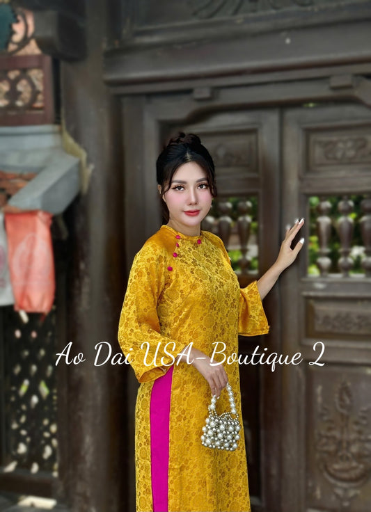 Yellow Ao Dai Cach Tan Set: Modern Vietnamese Dress with Pink Pants / CT227