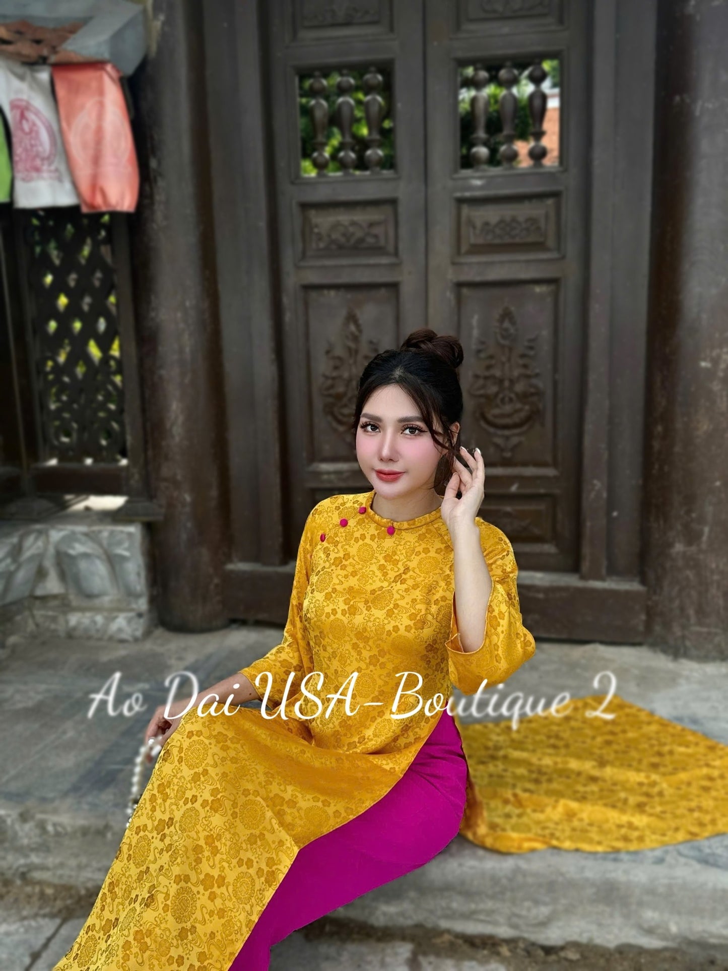 Yellow Ao Dai Cach Tan Set: Modern Vietnamese Dress with Pink Pants / CT227